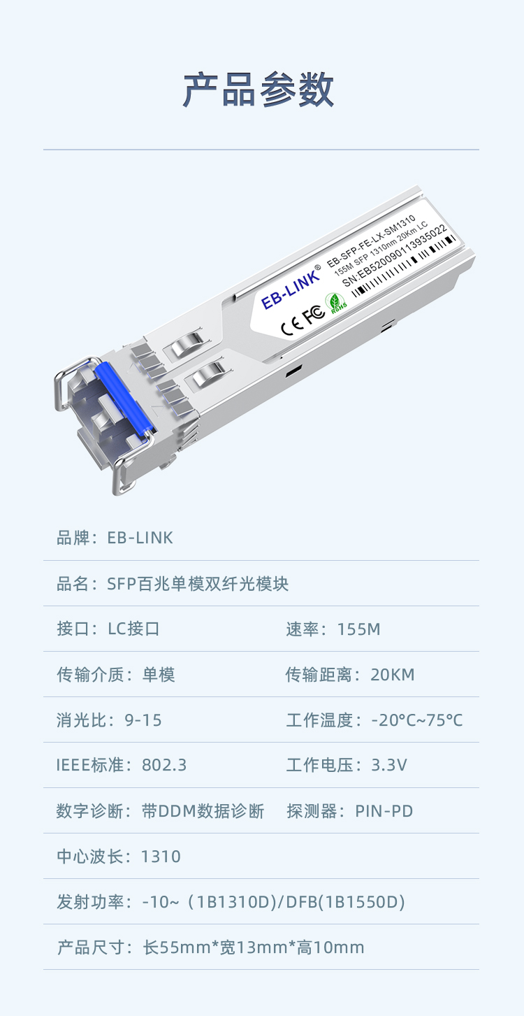 SFP 100M single mode dual fiber 20KM optical module