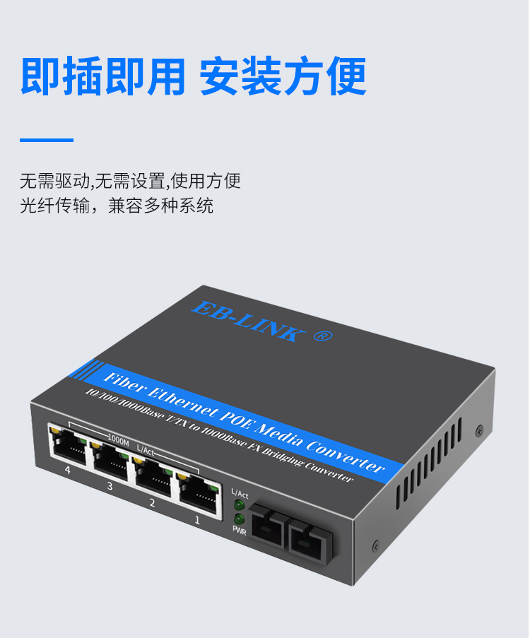 Gigabit single mode dual fiber 1 optical 4 electrical POE fiber optic transceiver