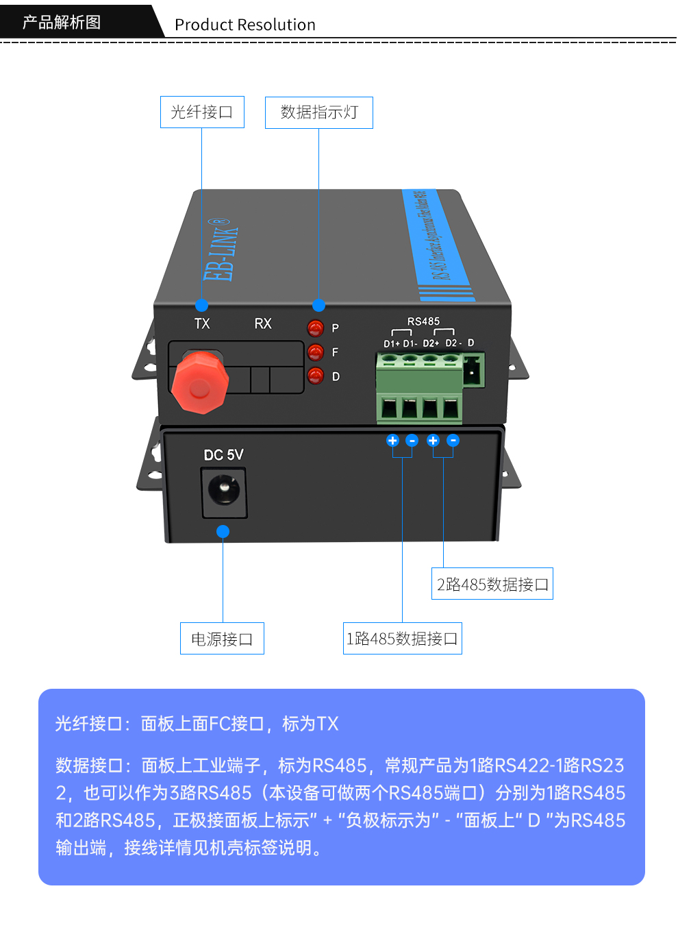 2-way bidirectional RS485 data optical terminal