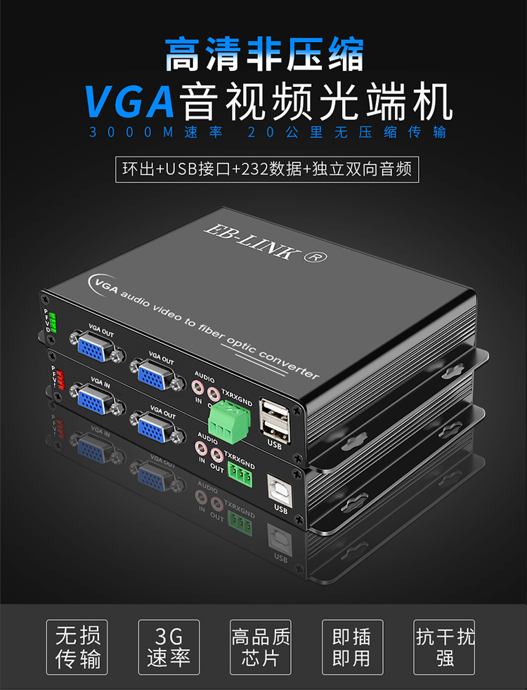 VGA non-compressed audio and video optical transceiver