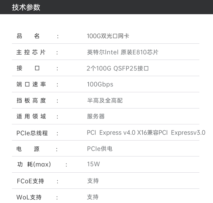 PCI-EX16 100G dual optical port fiber optic network card (Intel Intel E810 chip)