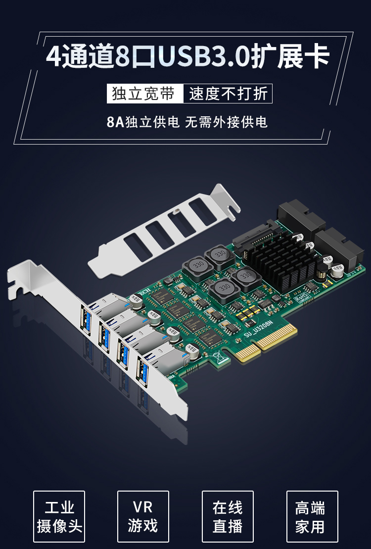 PCI-E X4 to 8-port USB3.0 expansion card (front 4 ports + rear 4 ports) independent four channels