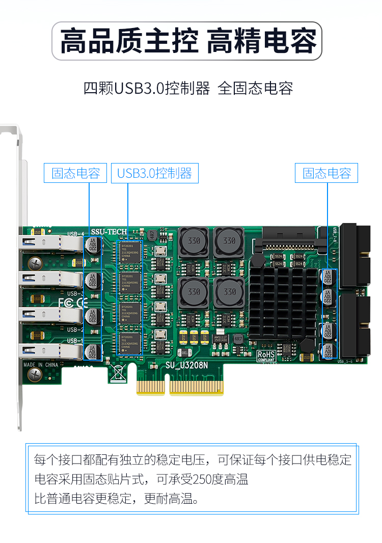 PCI-E X4 to 8-port USB3.0 expansion card (front 4 ports + rear 4 ports) independent four channels
