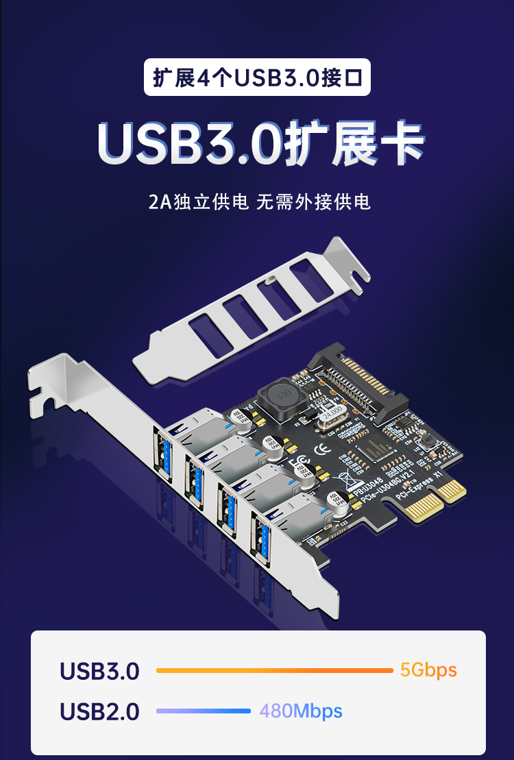 PCI-E to 4-port USB3.0 expansion card (2A power-free black)