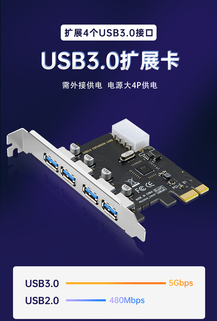 PCI-E to 4-port USB3.0 expansion card (large 4P power supply)