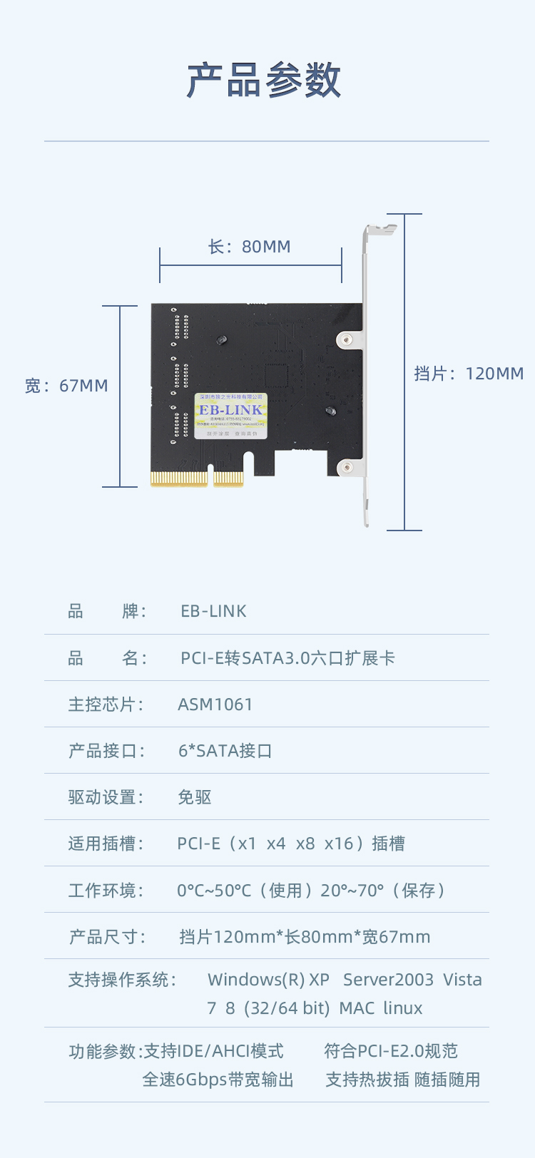 PCI-E X4 to SATA3.0 six-port expansion card
