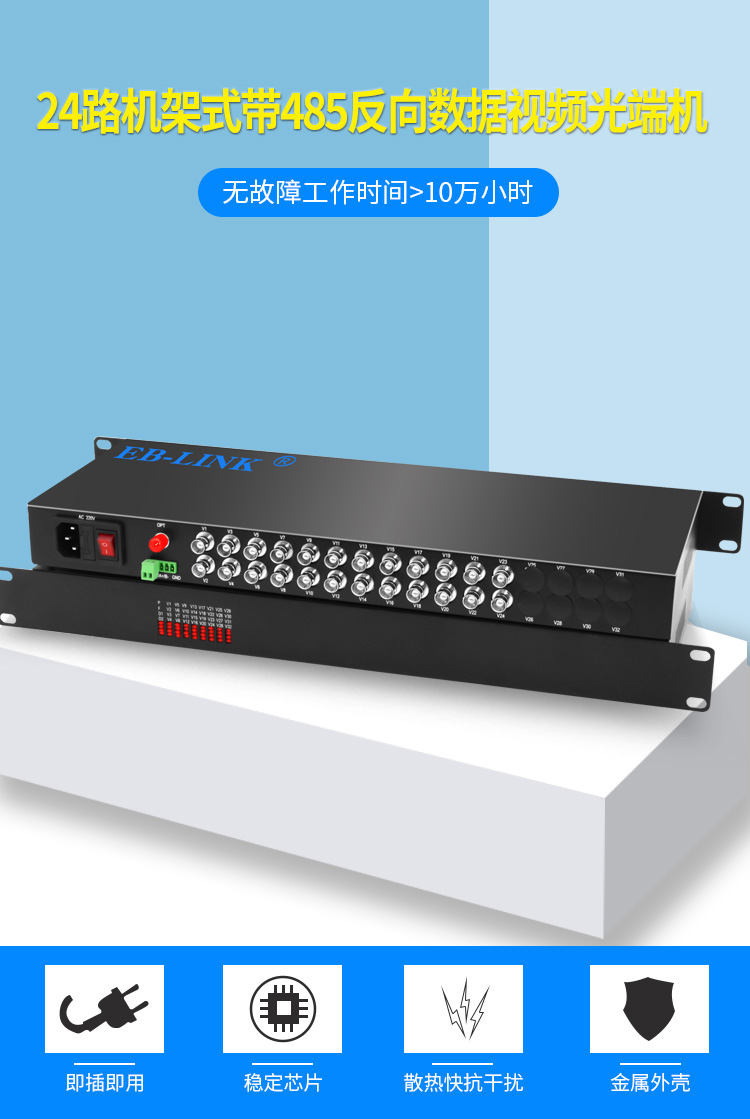 24-channel video + 1-channel reverse 485 data rack-mounted video optical transceiver
