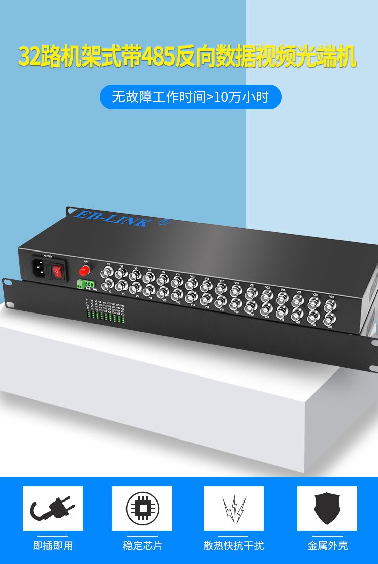 32-channel video + 1-channel reverse 485 data rack-mounted video optical transceiver