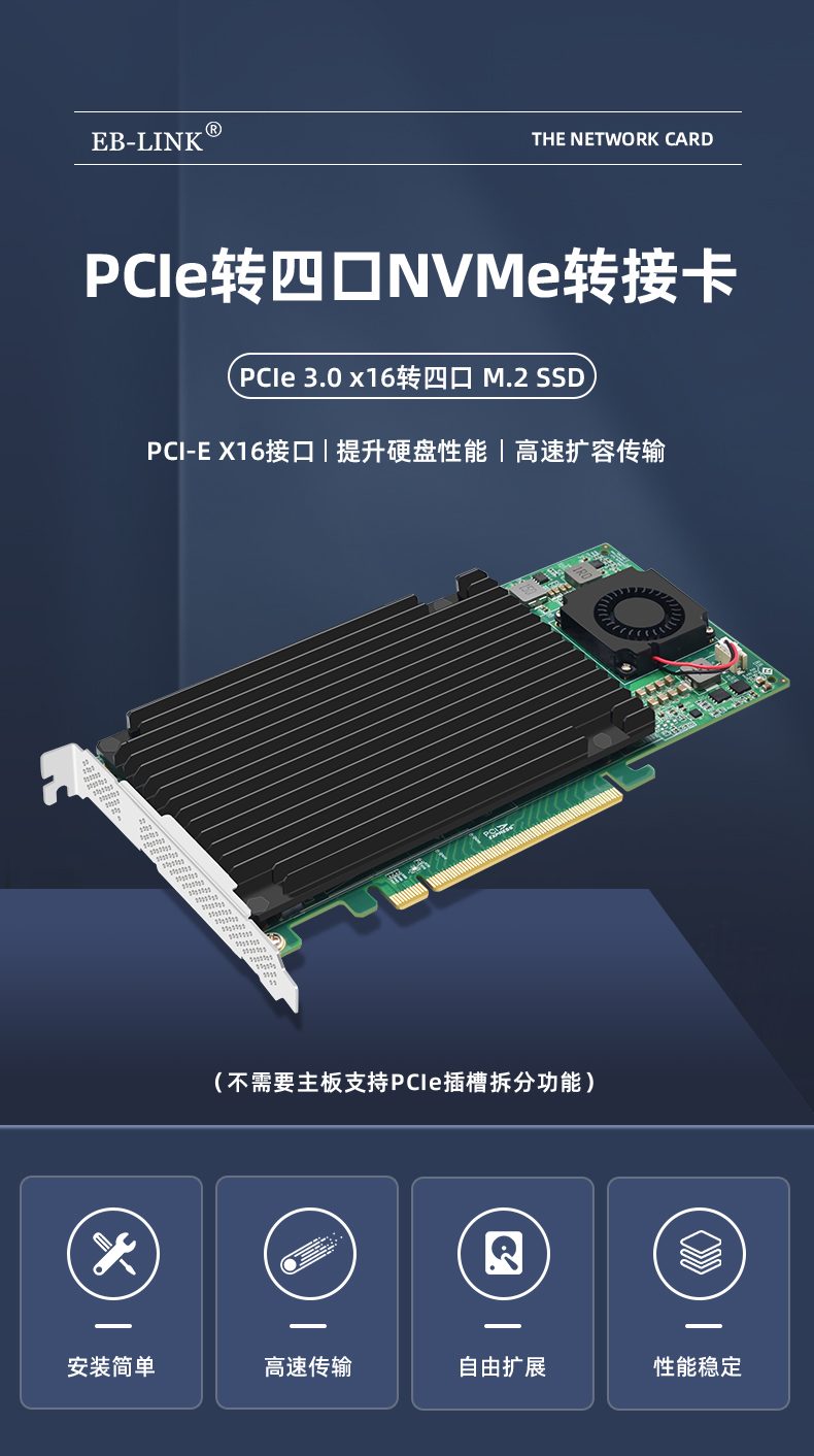 PCI-EX16 to M.2 four-port expansion card (single-sided flagship version)