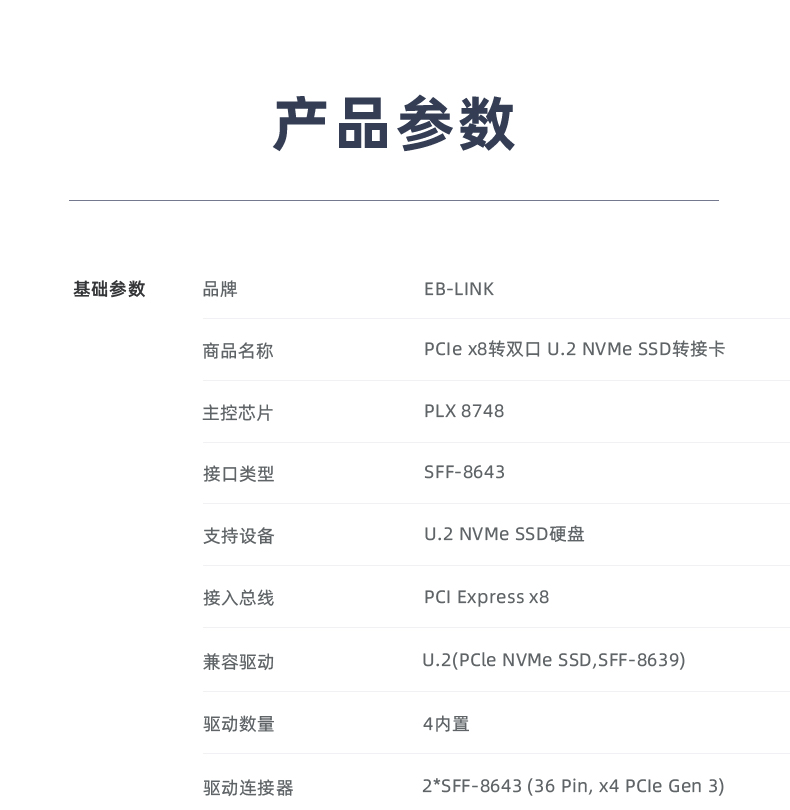 PCIE X8 to dual-port U.2 NVMe expansion card 8643 interface